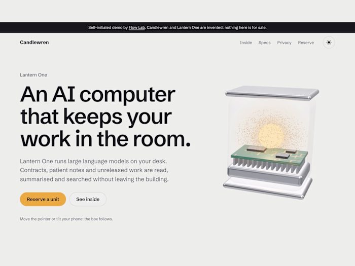 A product website with a live 3D scene