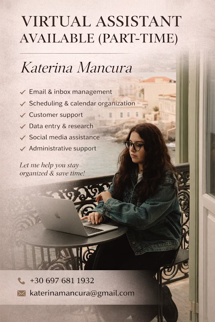 Hello I am Katerina! 😊 I am a VA for 6 years now! I am base...