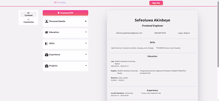 ProFolio Resume Builder Web App Development