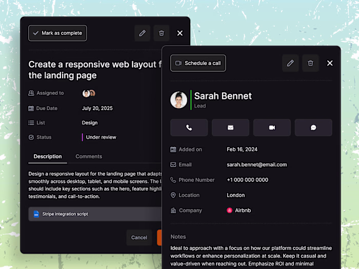 View task & view contact modal designs