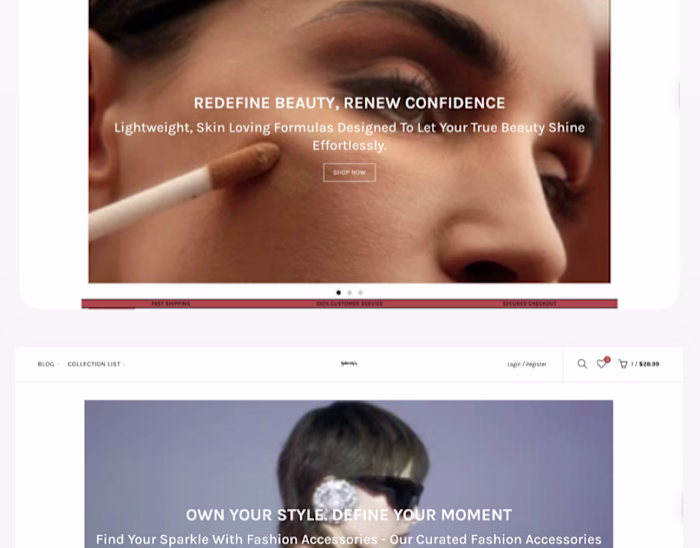 Hero section of Beauty and Fashion Shopify niche