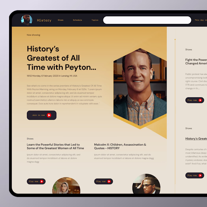 Concept tab view for History TV UI website upgrade