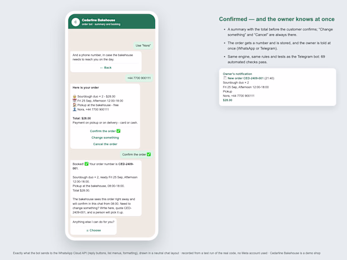 WhatsApp order bot on the same engine as Telegram