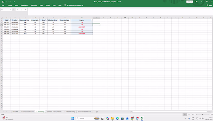 Created an Excel inventory management