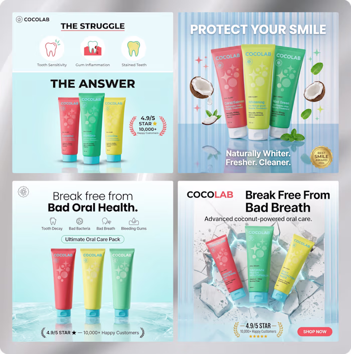 Static ad creatives for the Oral Care niche.