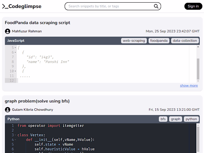 Codeglimpse - A house of code snippets