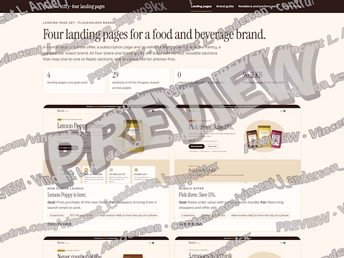 Four landing pages for a food and beverage brand