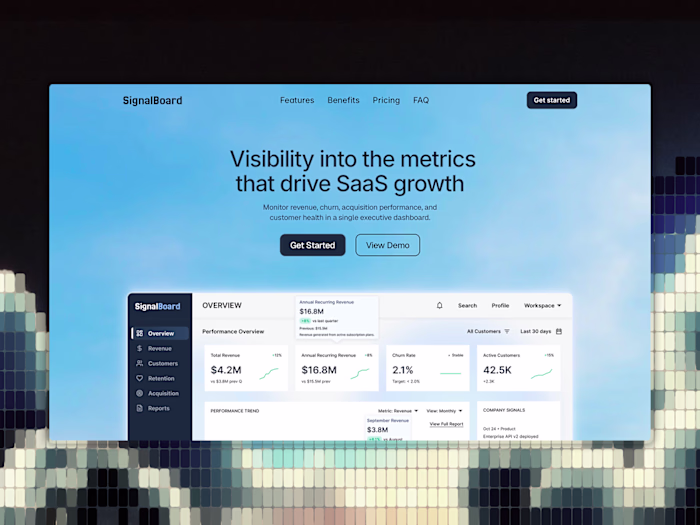 Landing page for an executive SaaS analytics dashboard