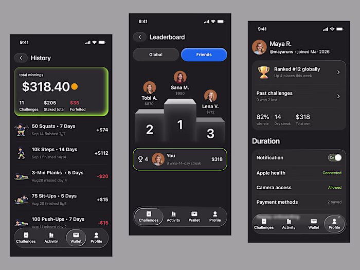 Fitness app focused on challenge tracking, workout progress,...
