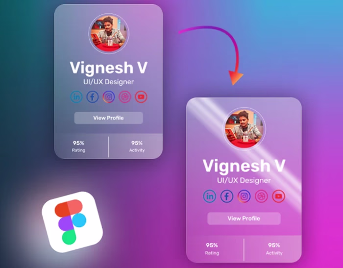 Glassmorphism profile card design with hovering effect