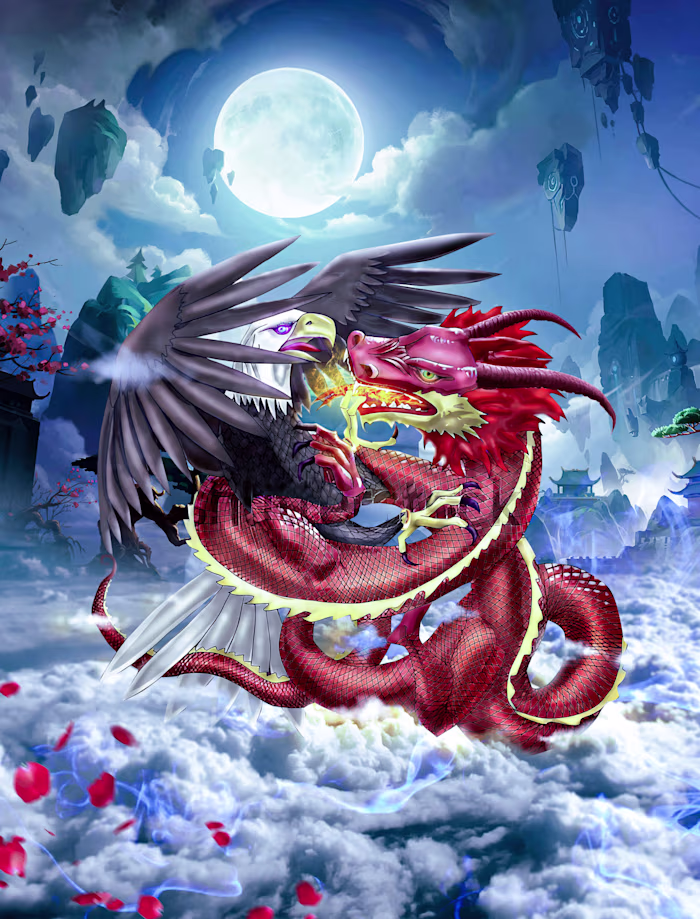 NFT ART  American white-head eagle fighting a Chinese dragon.