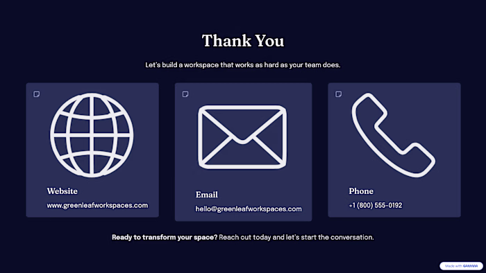GreenLeaf Workspace Solutions — Contact & Call-to-Action Slide