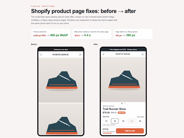 Shopify product page fixes: before and after (demo)