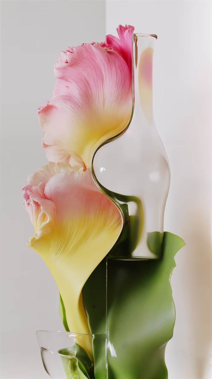 Flowers from Unsplash, mixed with 3D glass renders from Cine...