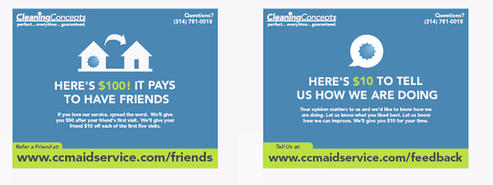 Direct mailers for Cleaning Concepts referral program.