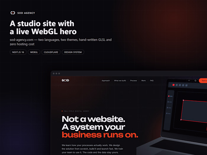 SOD Agency — the studio site, with a live WebGL hero