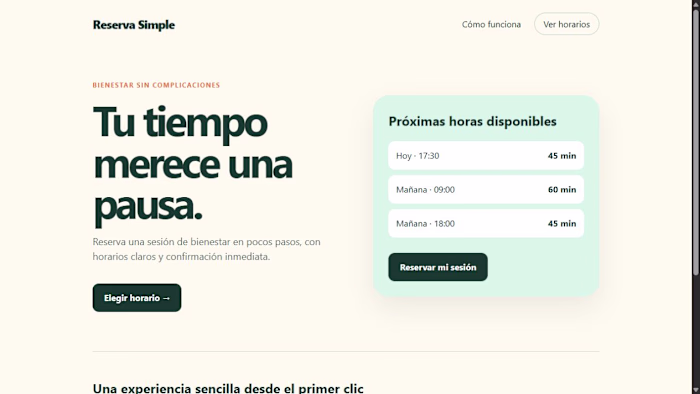 Reserva Simple — landing de bienestar