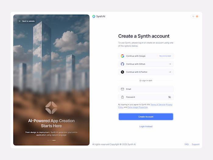 Create account page for SnythAI.