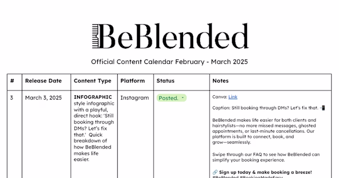 BEBLENDED CONTENT CALENDAR SAMPLE.