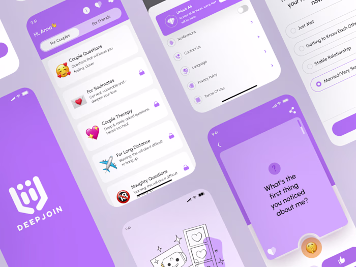 💜 UI/UX Design | Mobile App Design | Quiz Couples Dating App