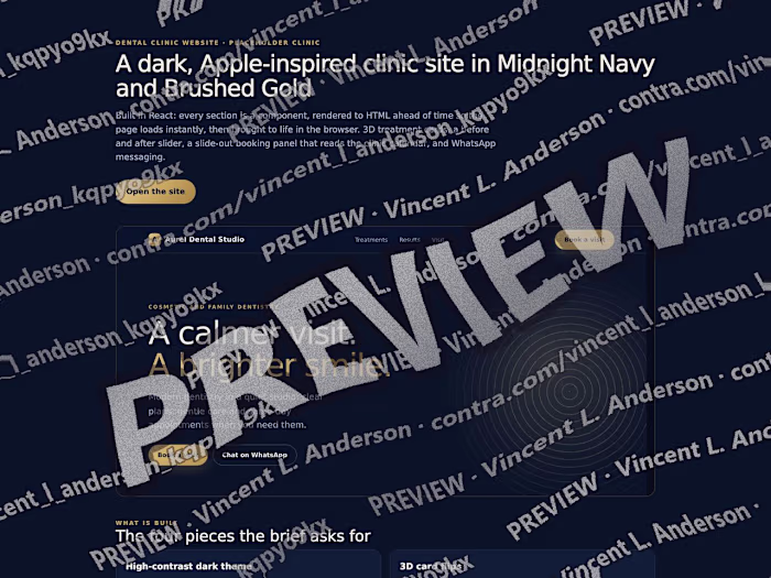 Dark React dental clinic site with 3D cards and booking