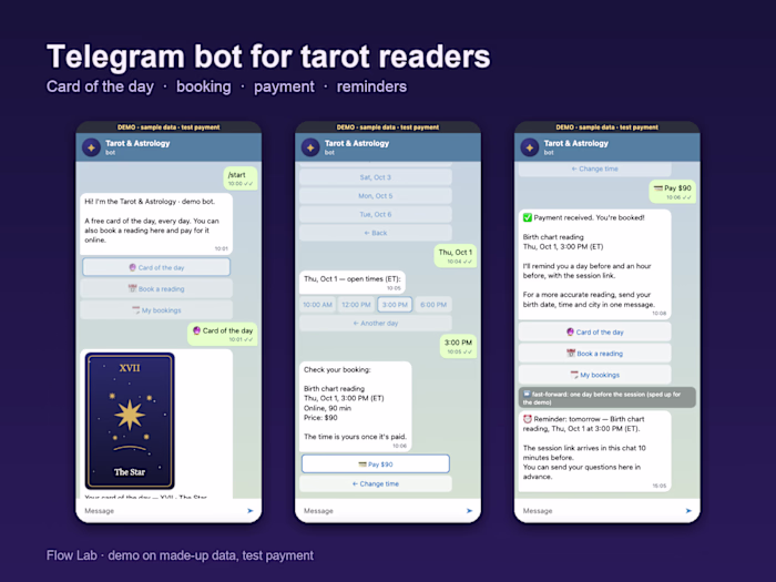Tarot bot for Telegram: free card to paid booking (demo)