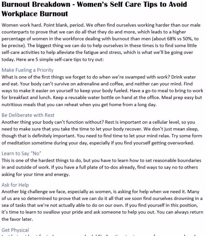 Blog Article (snippet) on Burnout in Women for client