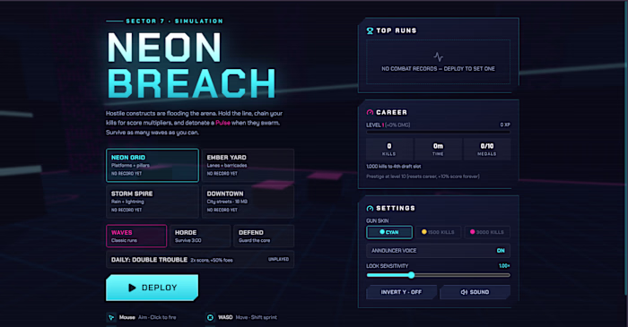 NEON BREACH – 3D Arena Shooter in React + Three.js
