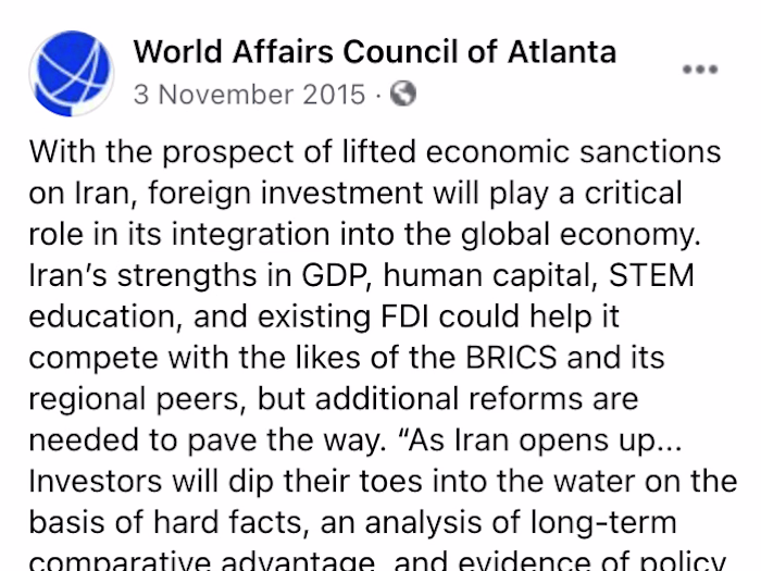 World Affairs Council of Atlanta 
 - JCPOA Facebook post