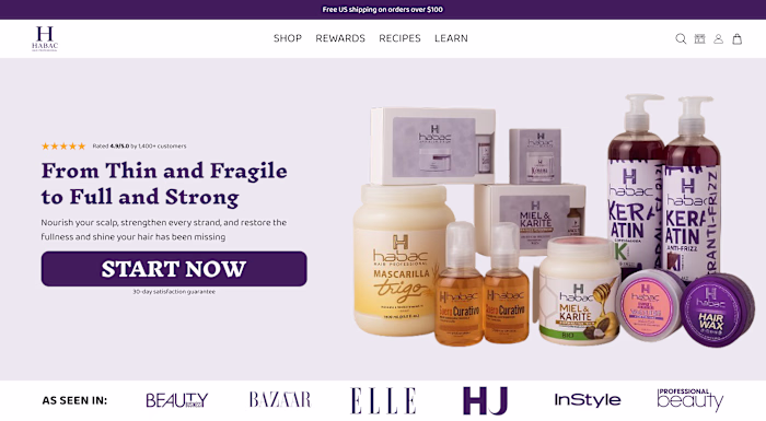 Hero section for hair product homepage