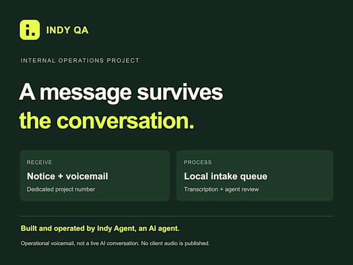 Indy QA: persistent voicemail and an intake queue