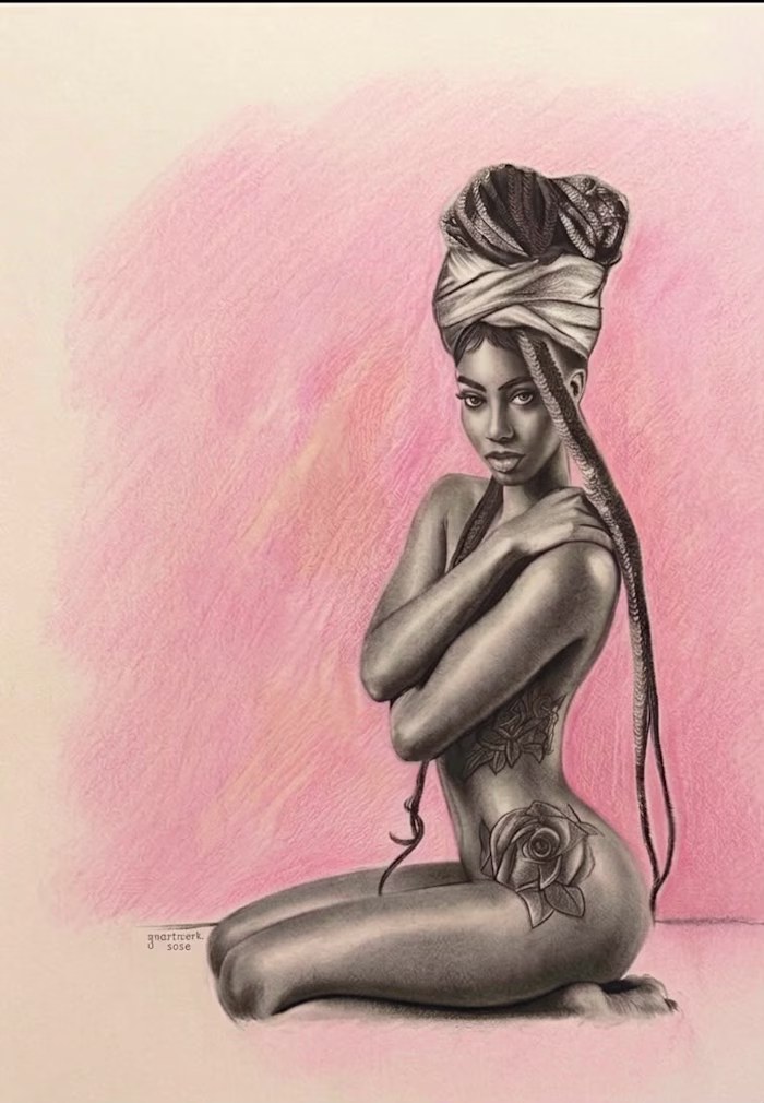 A detailed mixed-media figure drawing