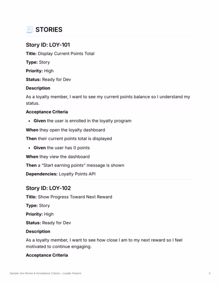 Jira Stories & Acceptance Criteria