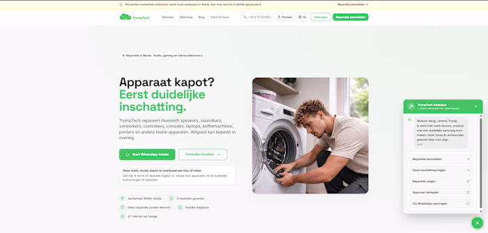 TrompTech homepage with chatbot and