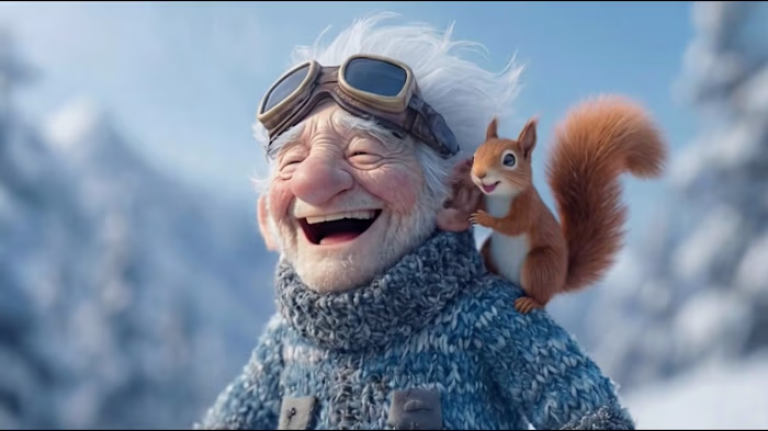 Grandpa Skiing with Squirrel