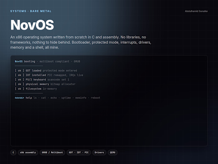 NovOS, a bare metal x86 operating system kernel