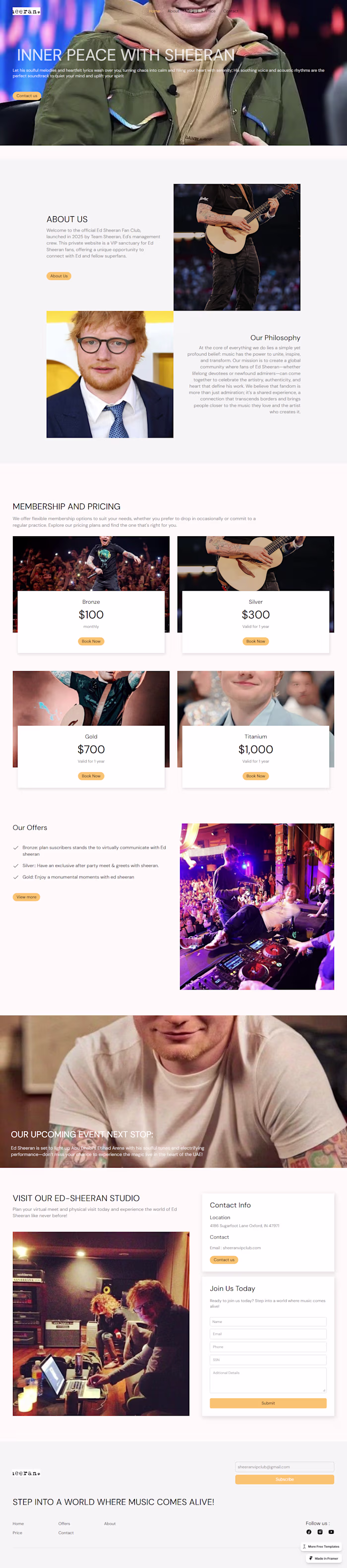 Fanbase community website for ed-sheraan using framer.
