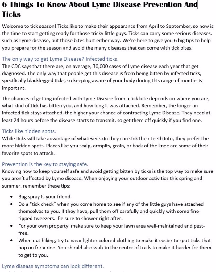 Blog Article (snippet) about Lyme Disease Prevention for client
