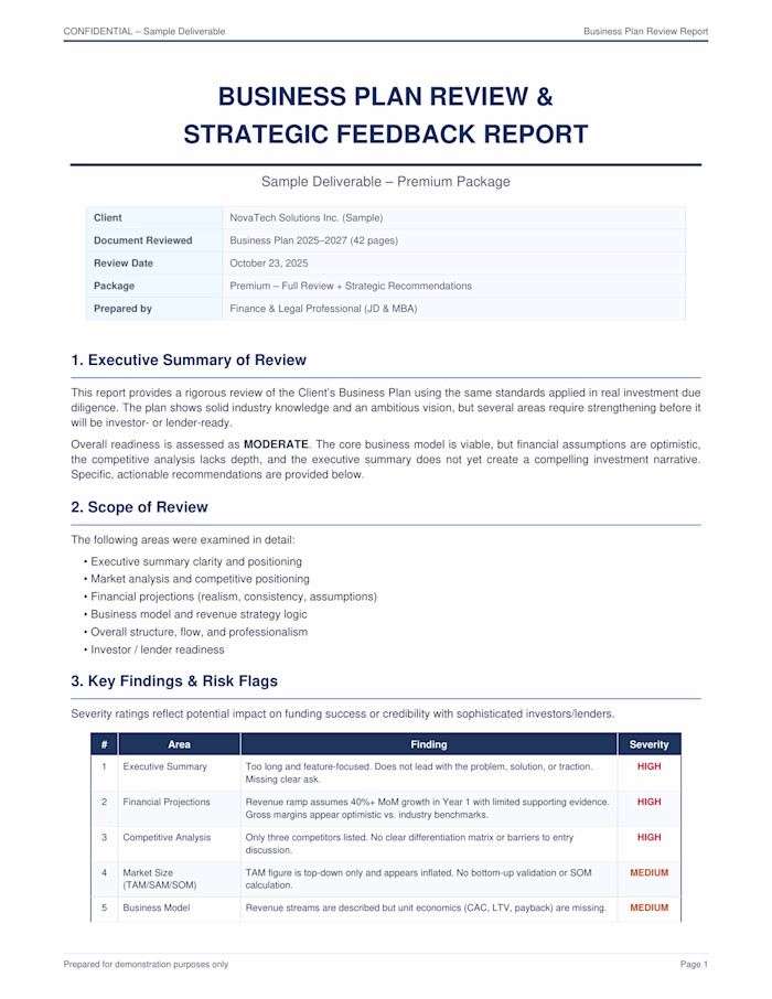 Reviewed a comprehensive 42-page business