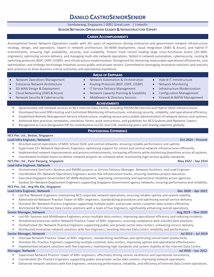 This resume was developed for