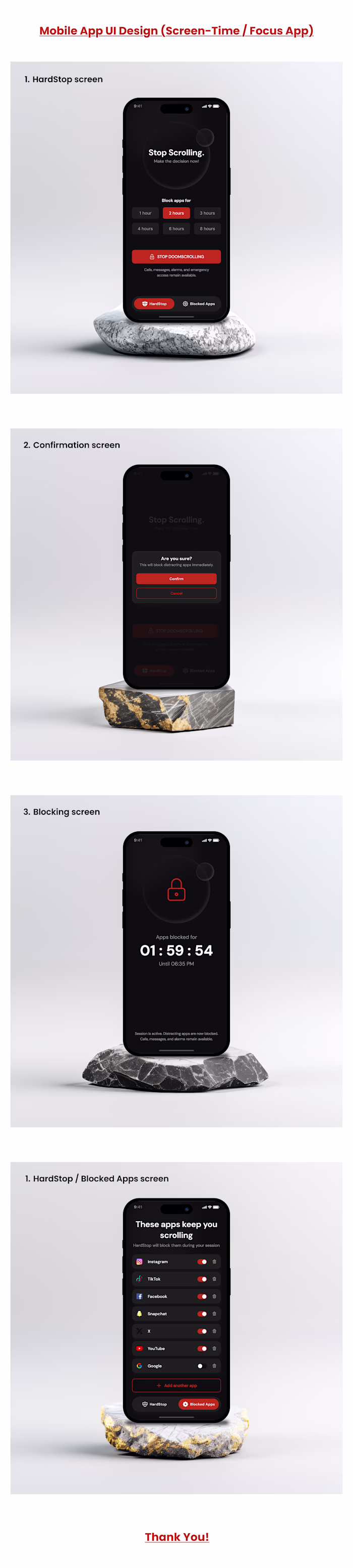 HardStop — Minimal Dark Mode Night Focus Mobile App UI Desig...
