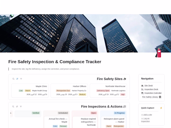 Fire Safety Inspection & Compliance Tracker — Notion Template