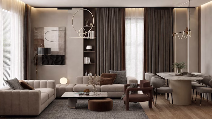 Dark Atmospheric Living & Dining — Interior Renders
