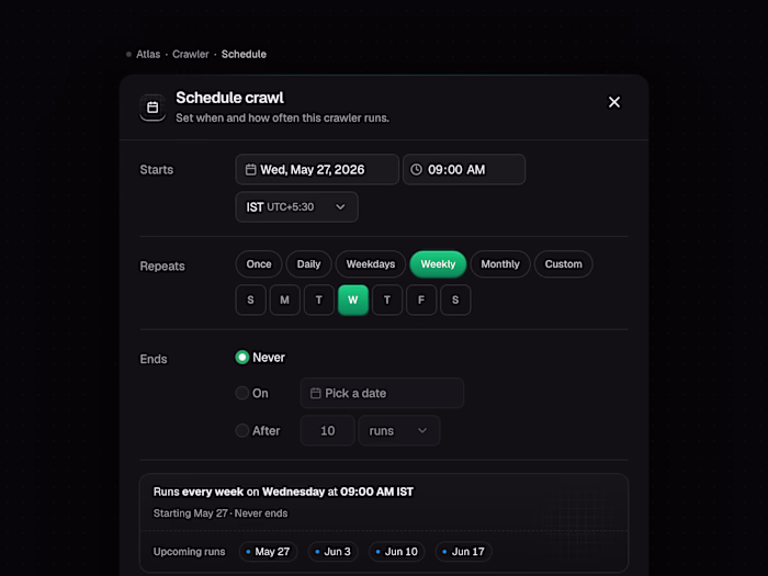 Atlas · Schedule crawl UI | Dark