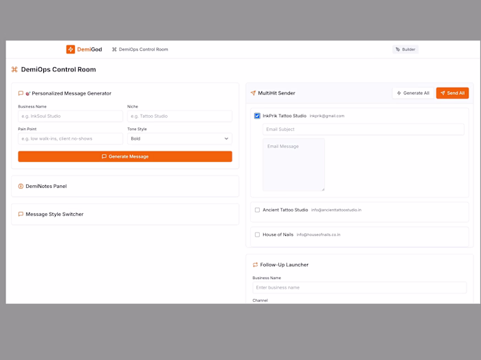 DemiOps Control Room – Frontend UI for AI Outreach Ops
