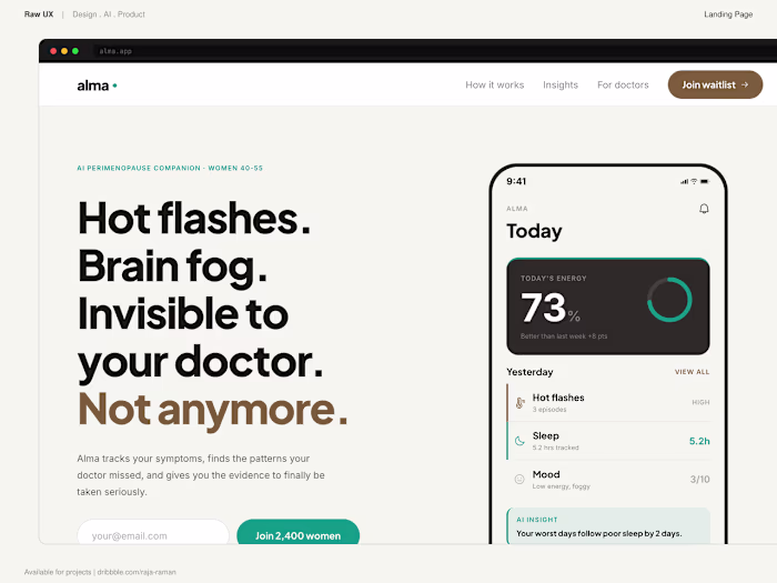 Alma - AI perimenopause companion. Landing page design.