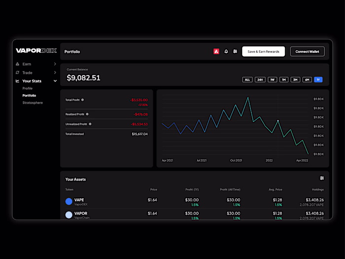 VaporDEX portfolio overview tracking user balance, total pro...