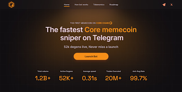 I recently designed a landing page for a CORE memecoin snipi...