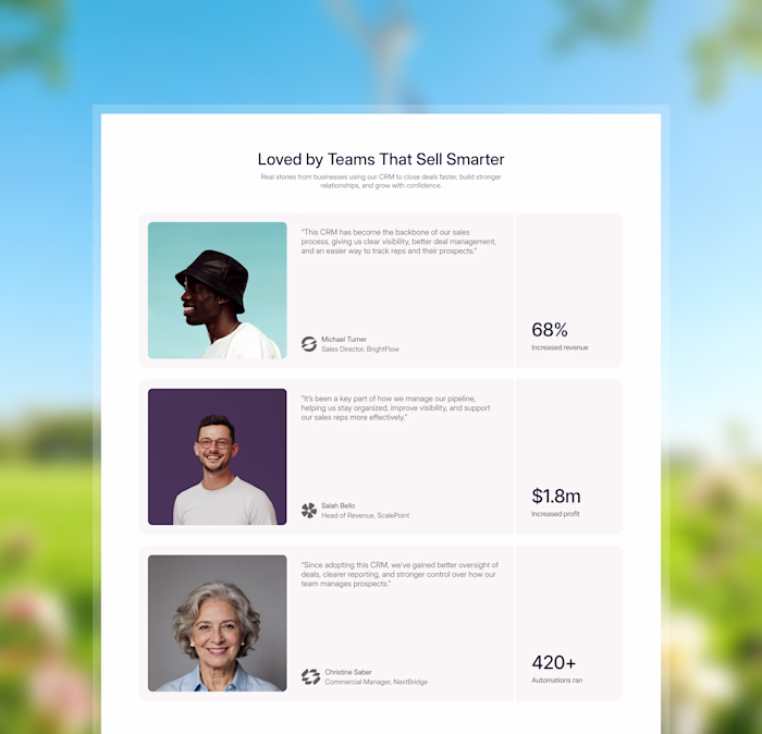 Testimonials section for a CRM landing page I'm designing🫡