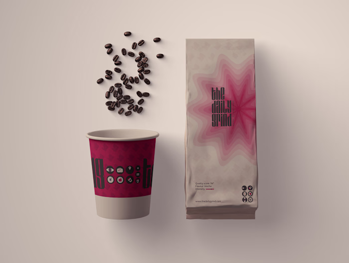Packaging design for a Modern Cafe Brand "The Daily Grind".